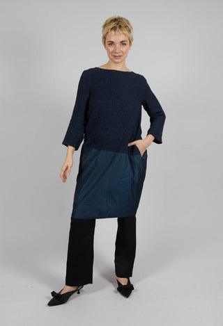 Linen Mix Contrasting Fabric Dress in Navy