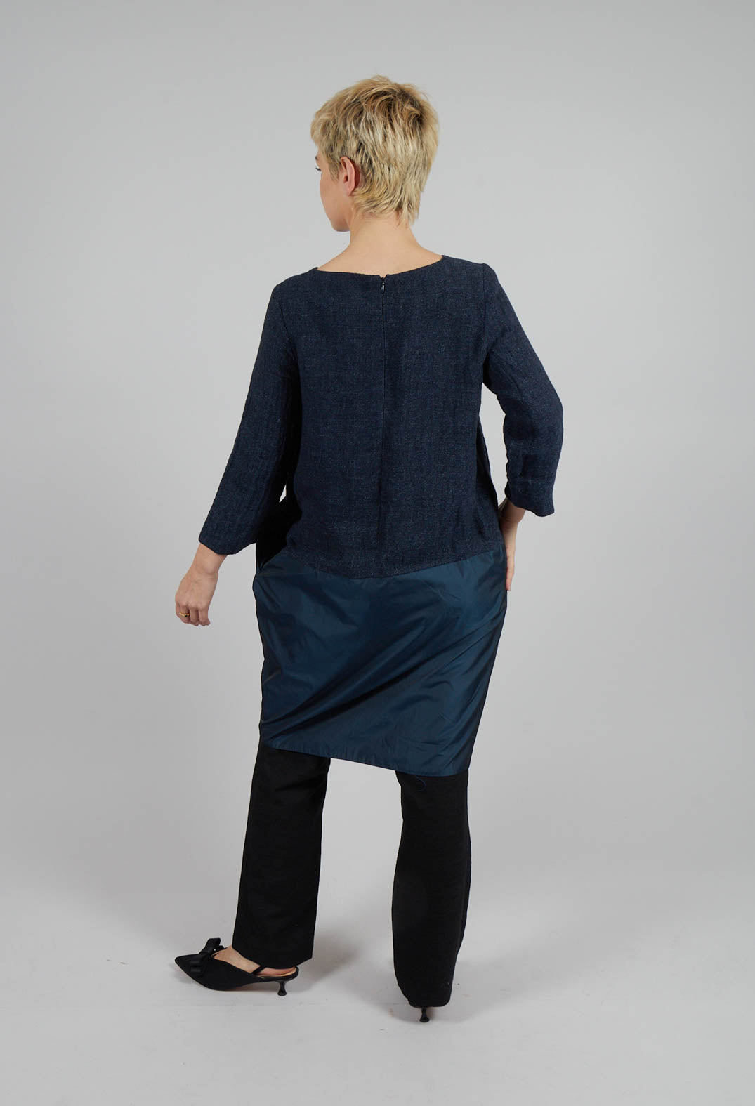 Linen Mix Contrasting Fabric Dress in Navy