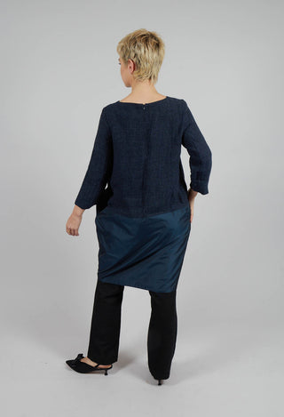 Linen Mix Contrasting Fabric Dress in Navy