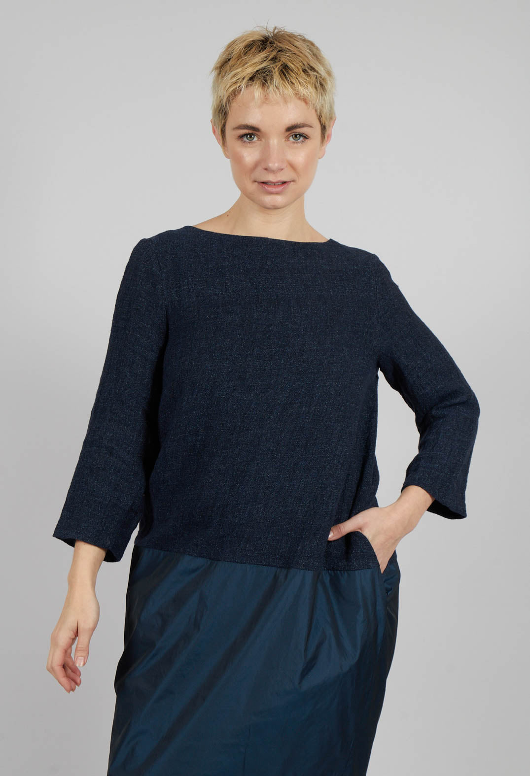 Linen Mix Contrasting Fabric Dress in Navy