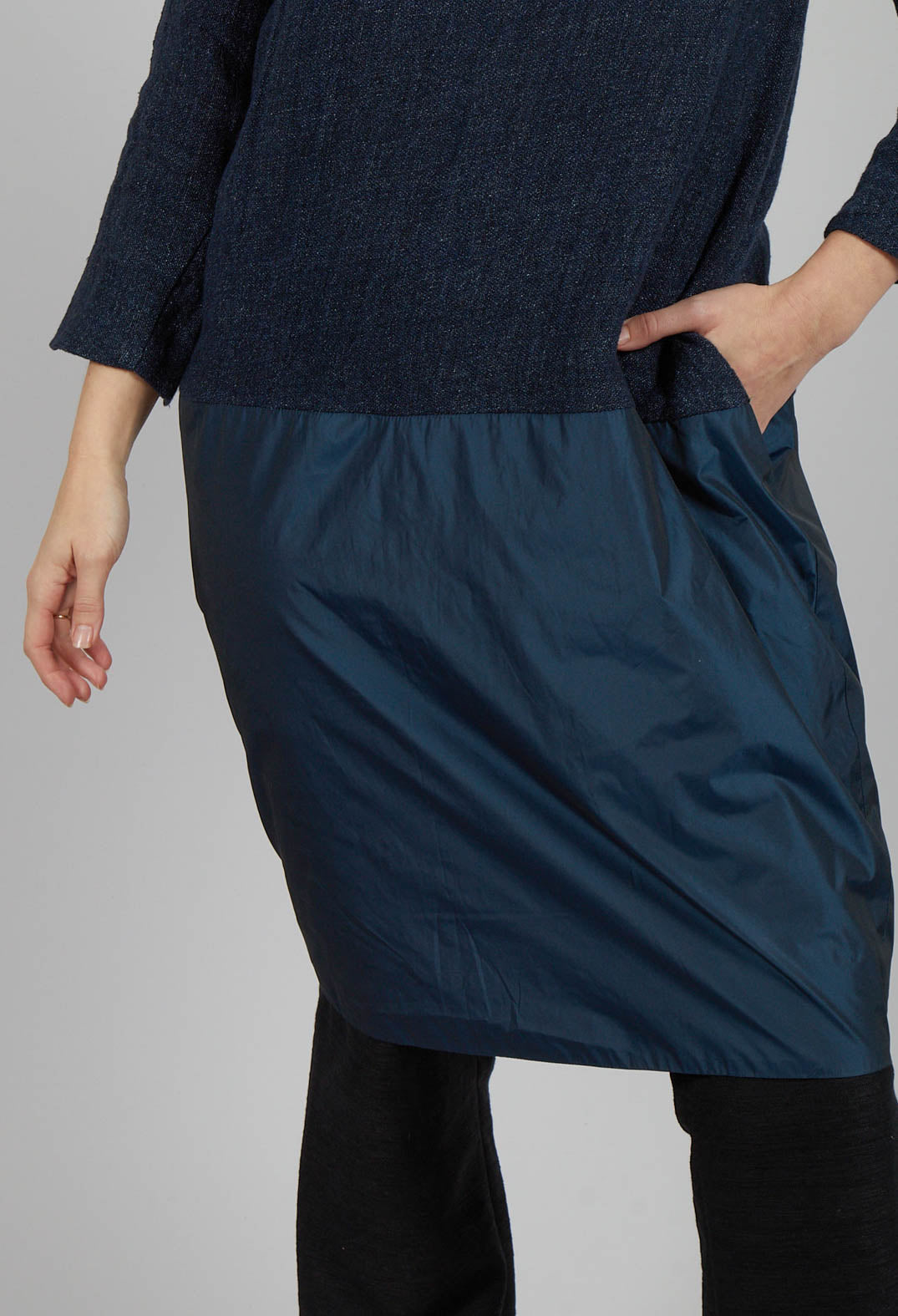 Linen Mix Contrasting Fabric Dress in Navy