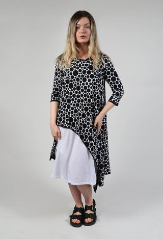 Asymmetrical Jersey Dress in White with Black Pois