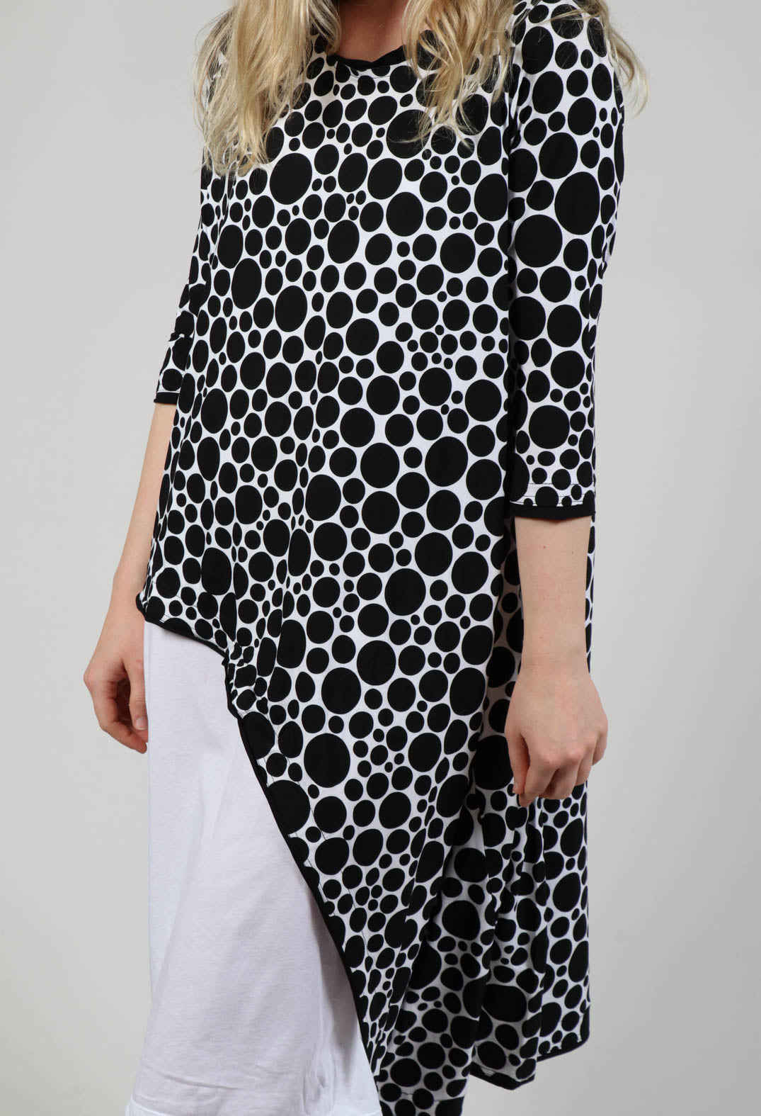 Asymmetrical Jersey Tunic Top  in White with Black Pois