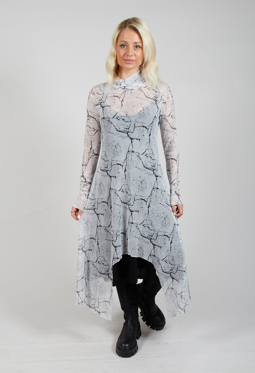 La Haine Asymmetrical Sheer Dress in White Print La Haine Asymmetrical Sheer Dress in White Print