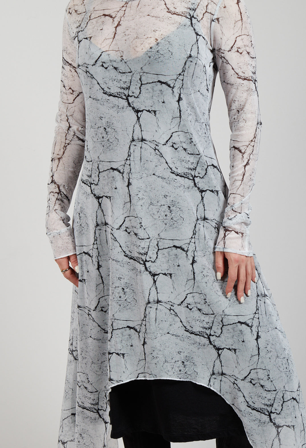Asymmetrical Sheer Dress in White Print