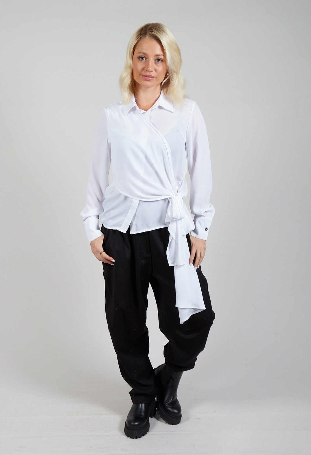 La Haine Asymmetrical Tie Blouse in White | Olivia May