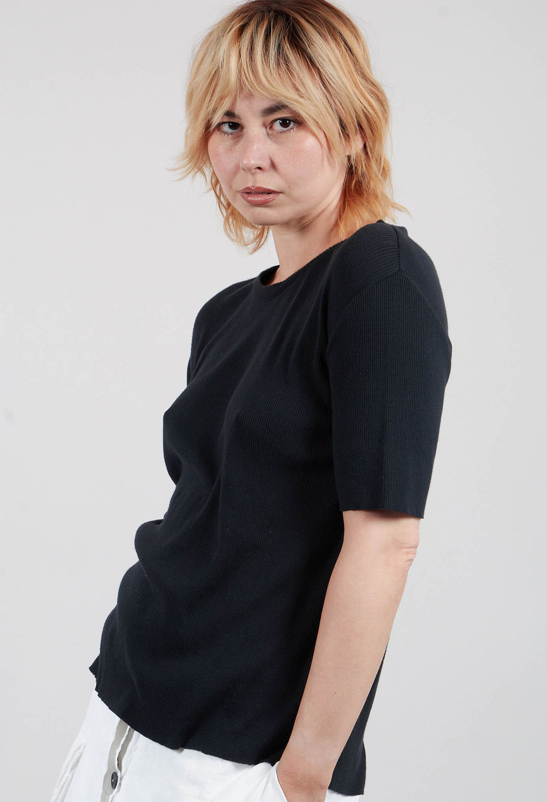 Colmar Jersey T Shirt with Ribbed Effect in Black