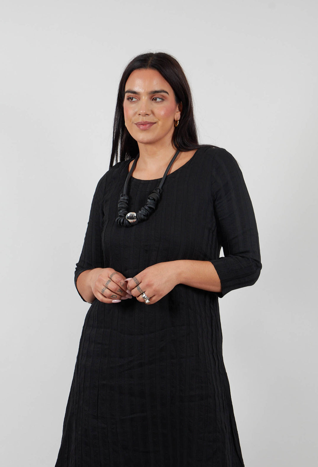 Plain Dress with Stitched Stripe in Black