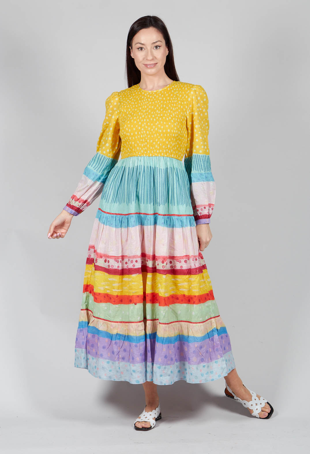 Balloon Sleeved Dress in Yellow Multicolour