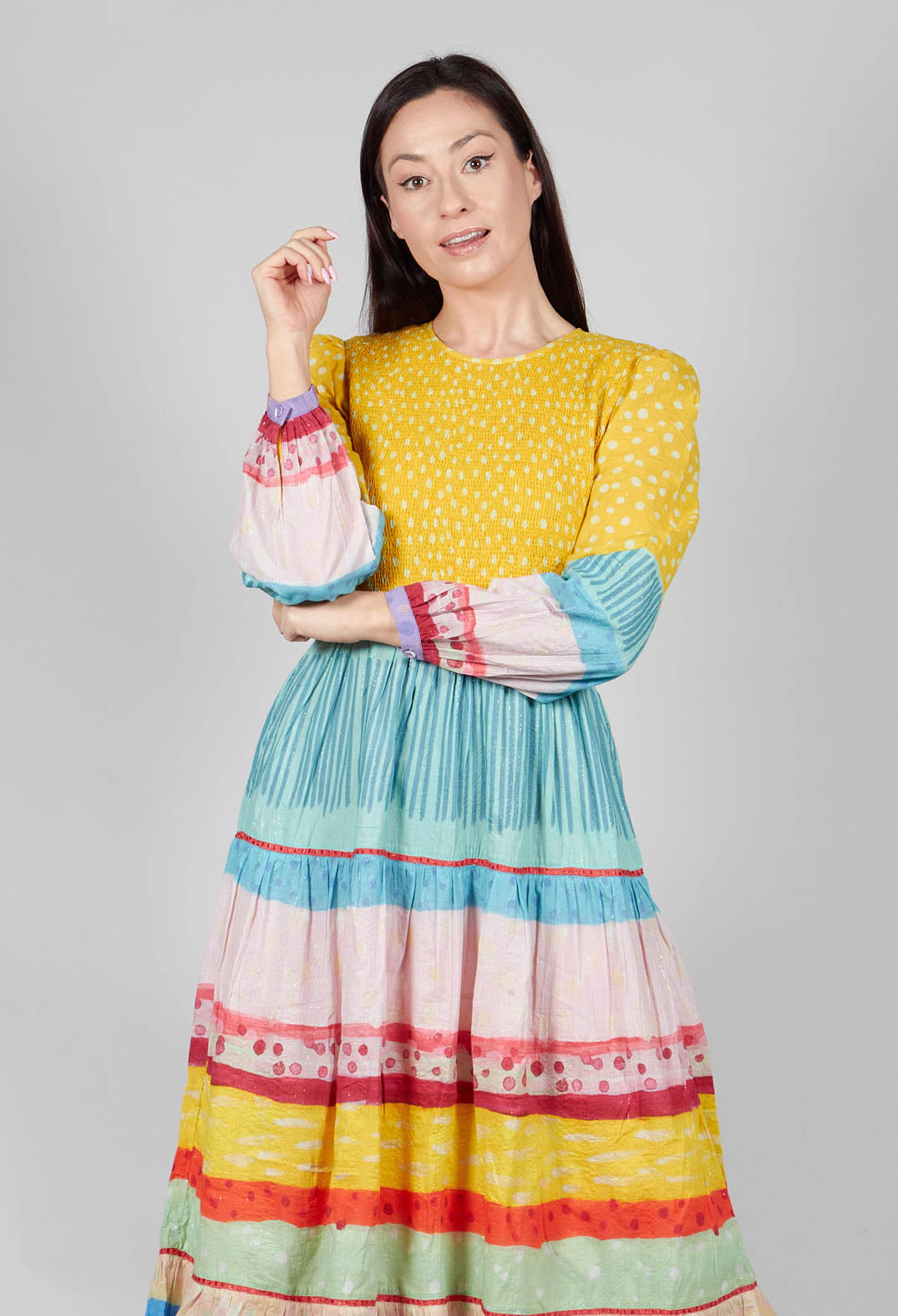 Balloon Sleeved Dress in Yellow Multicolour