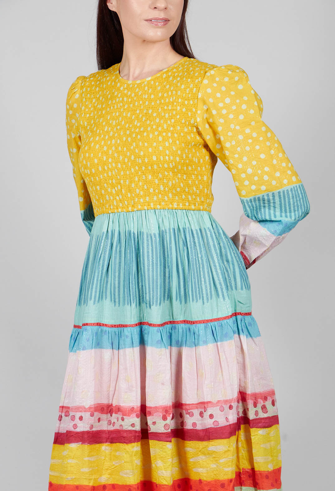 Balloon Sleeved Dress in Yellow Multicolour