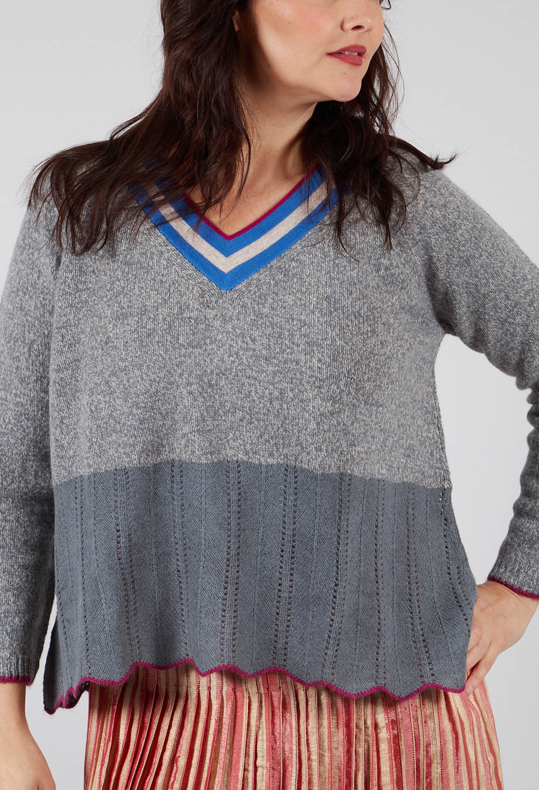 Bell Frill V Neck Jumper in Coal Met Taupe