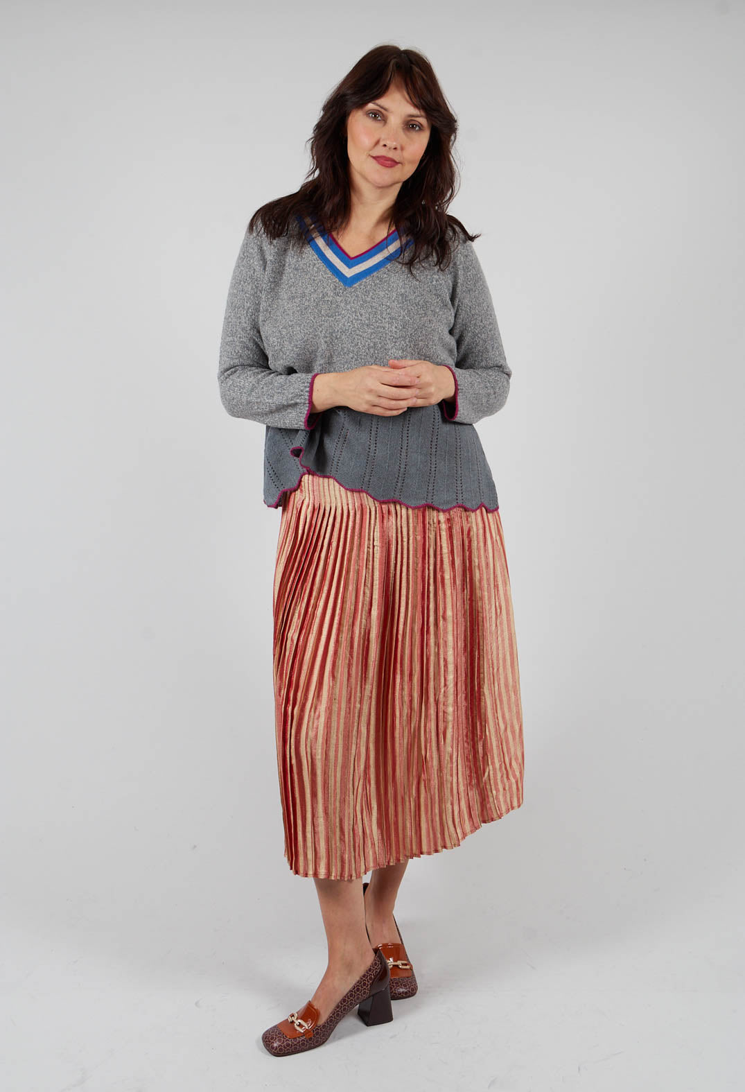 Bell Frill V Neck Jumper in Coal Met Taupe