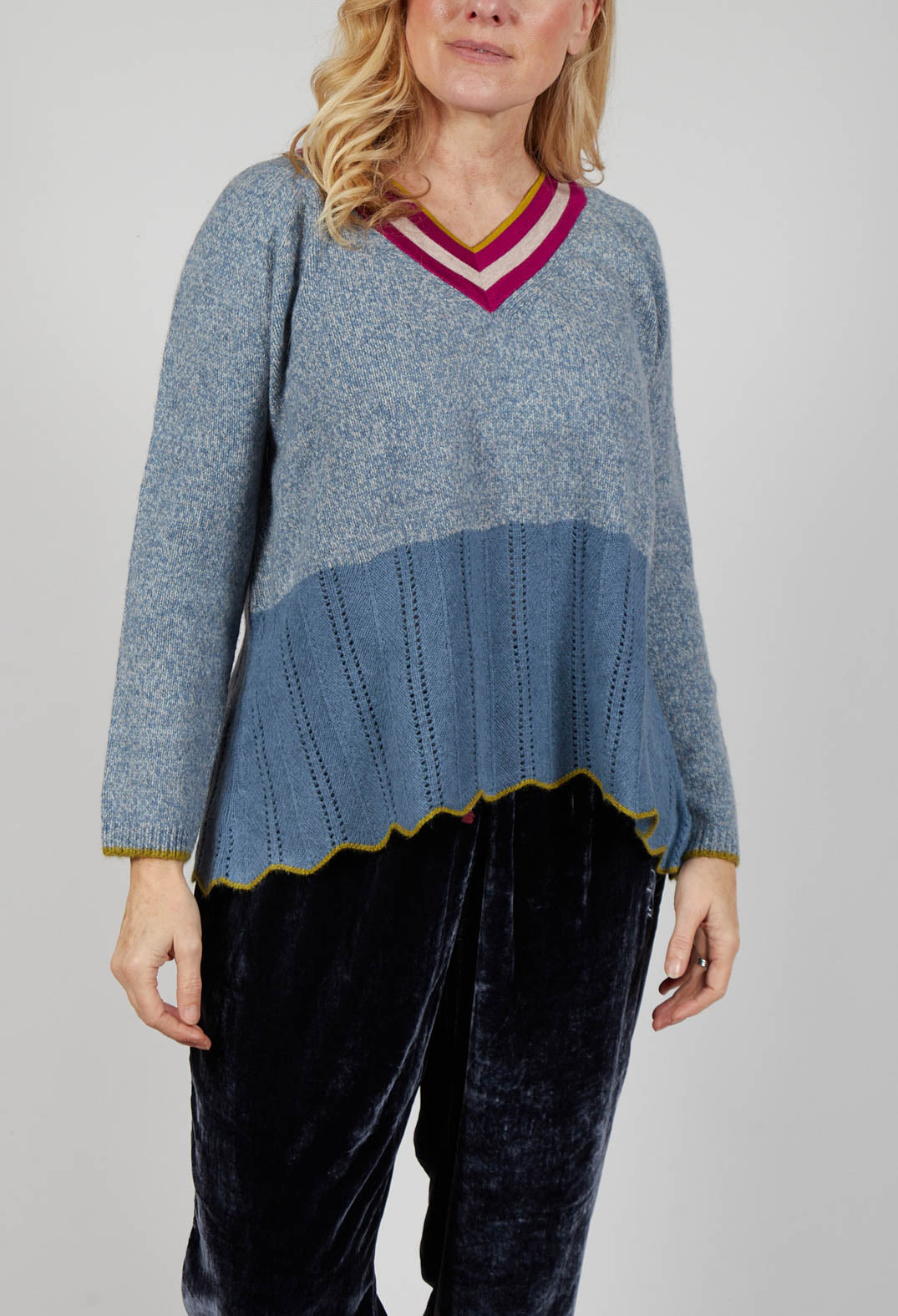 Bell Frill V Neck Jumper in Jacaranda Met Taupe