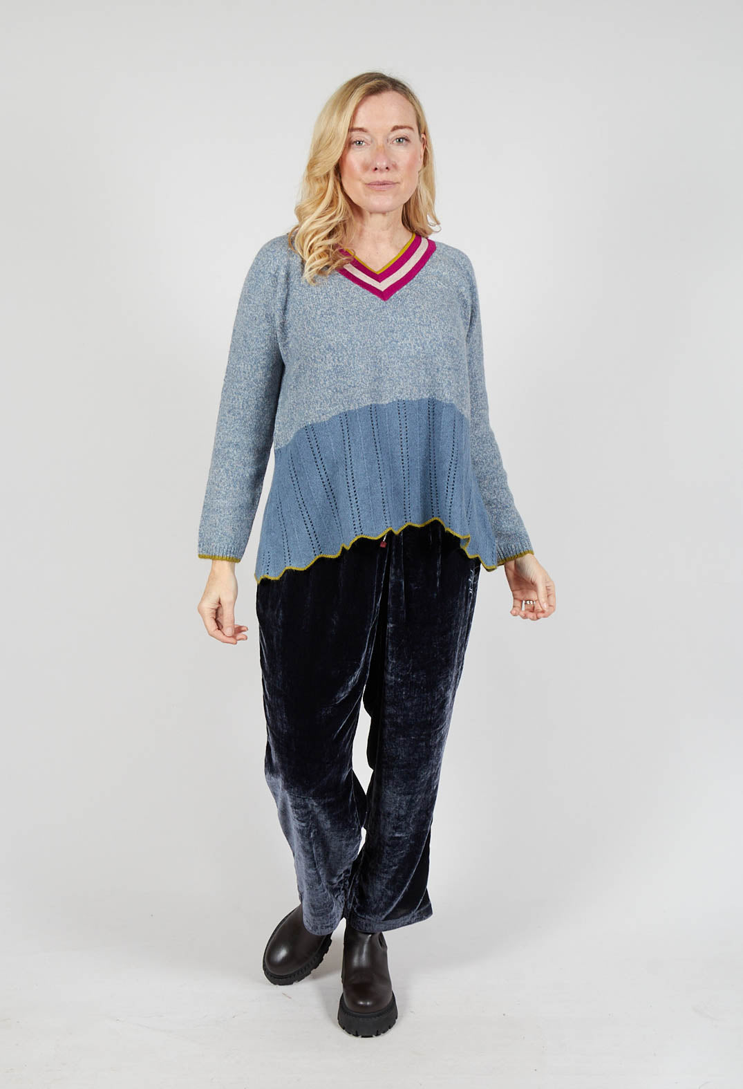 Bell Frill V Neck Jumper in Jacaranda Met Taupe