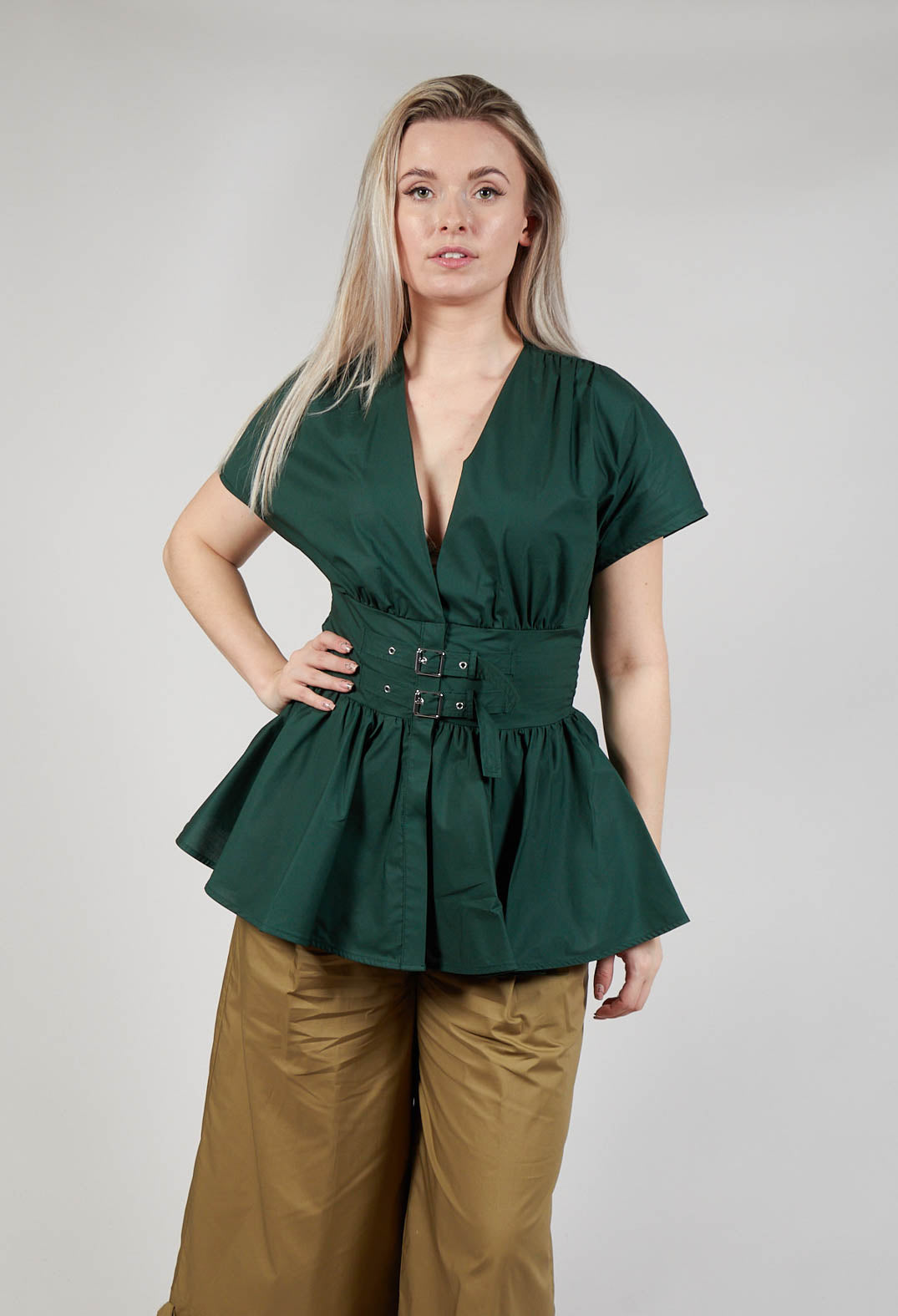 Belt Front Blouse in Green