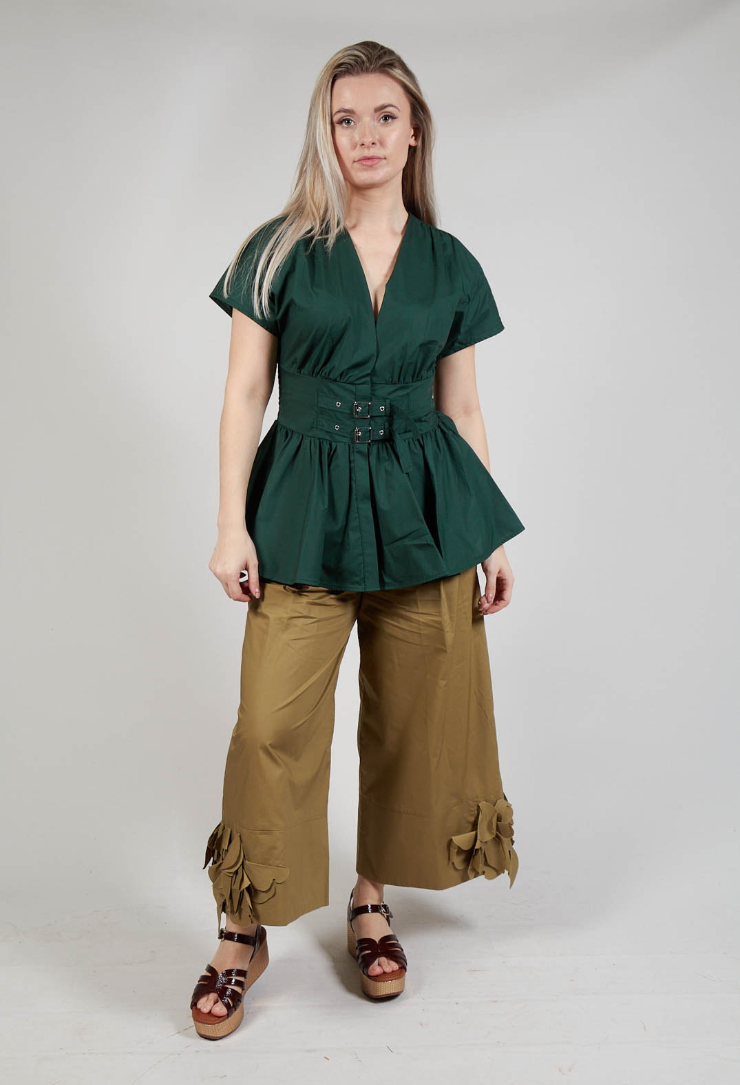 Belt Front Blouse in Green