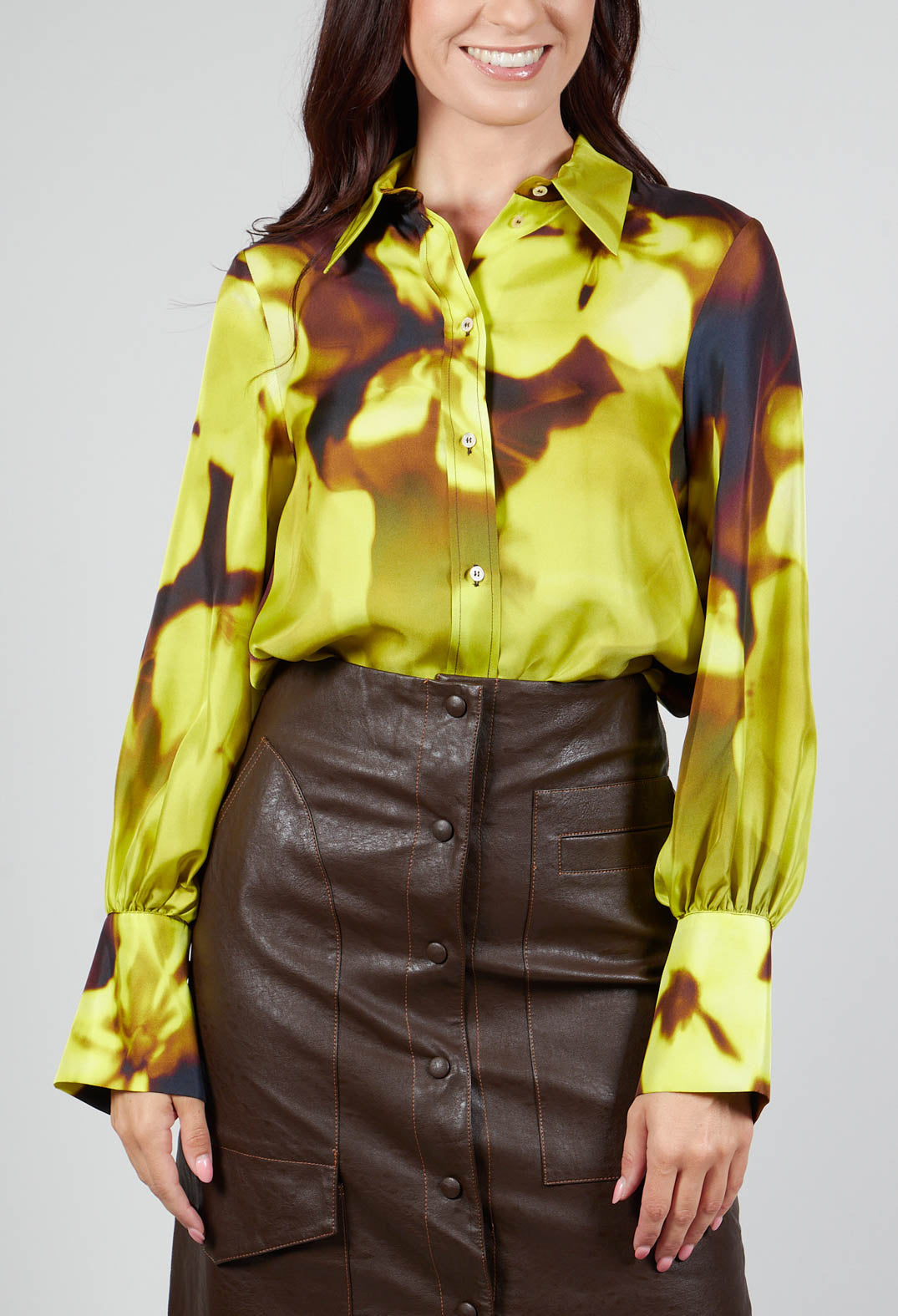 Blurred Print Silk Blouse in Lime