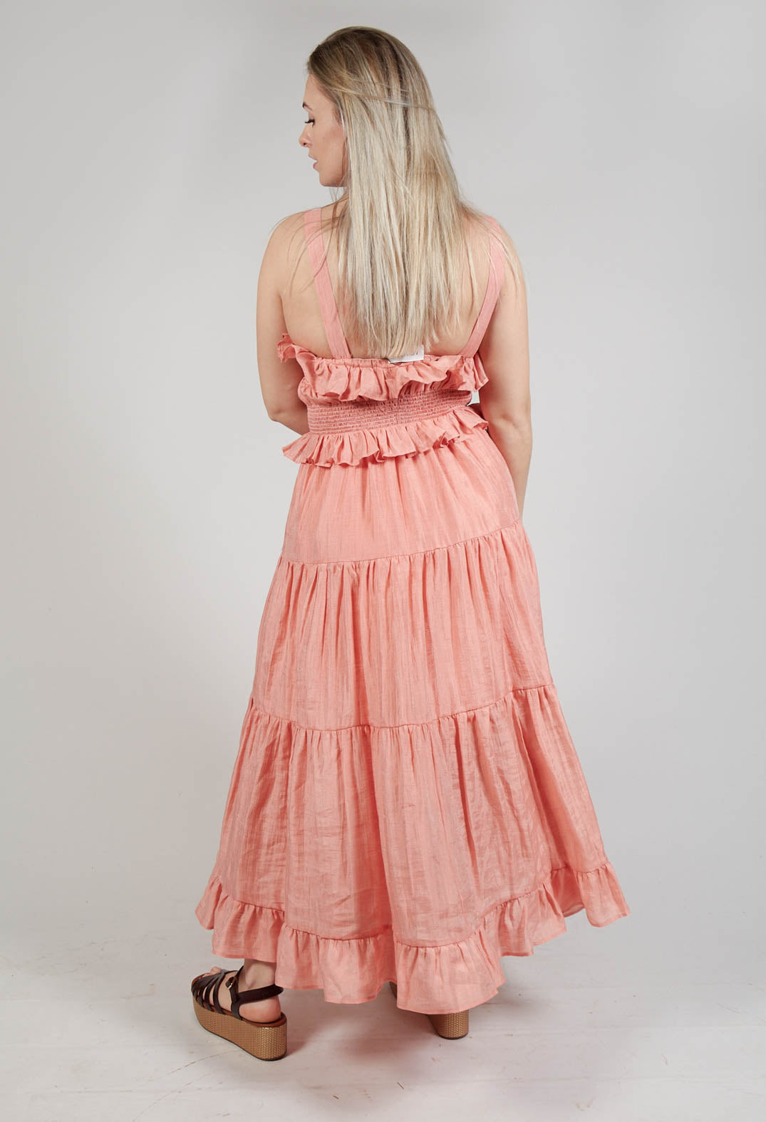 bohemian peach dress in Dimension:56.25 L x 15.25 W x 38.75 H Inches Reiss Mesh Detail Midi Ruffle Neck Indian Summer Style:SLPD73226B