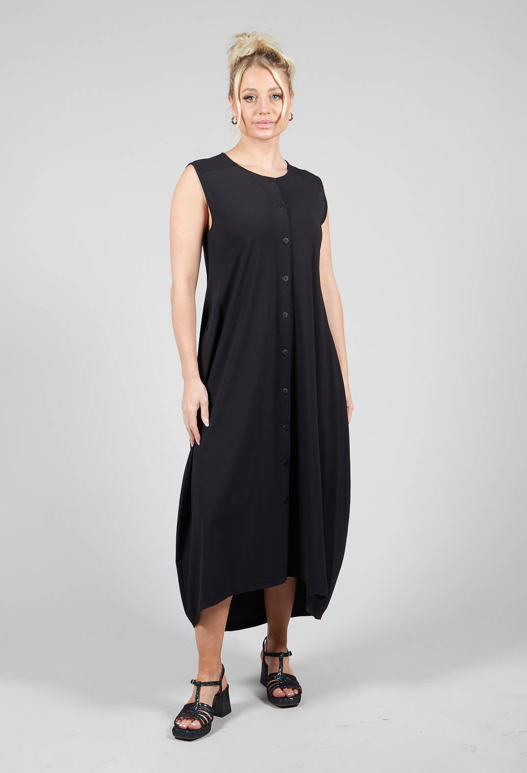 Button Front Long Dress in Black