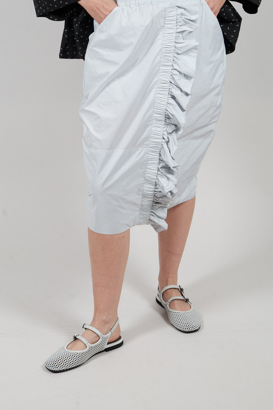 Taffeta Skirt with Ruffle Front in Grey Pinstripe