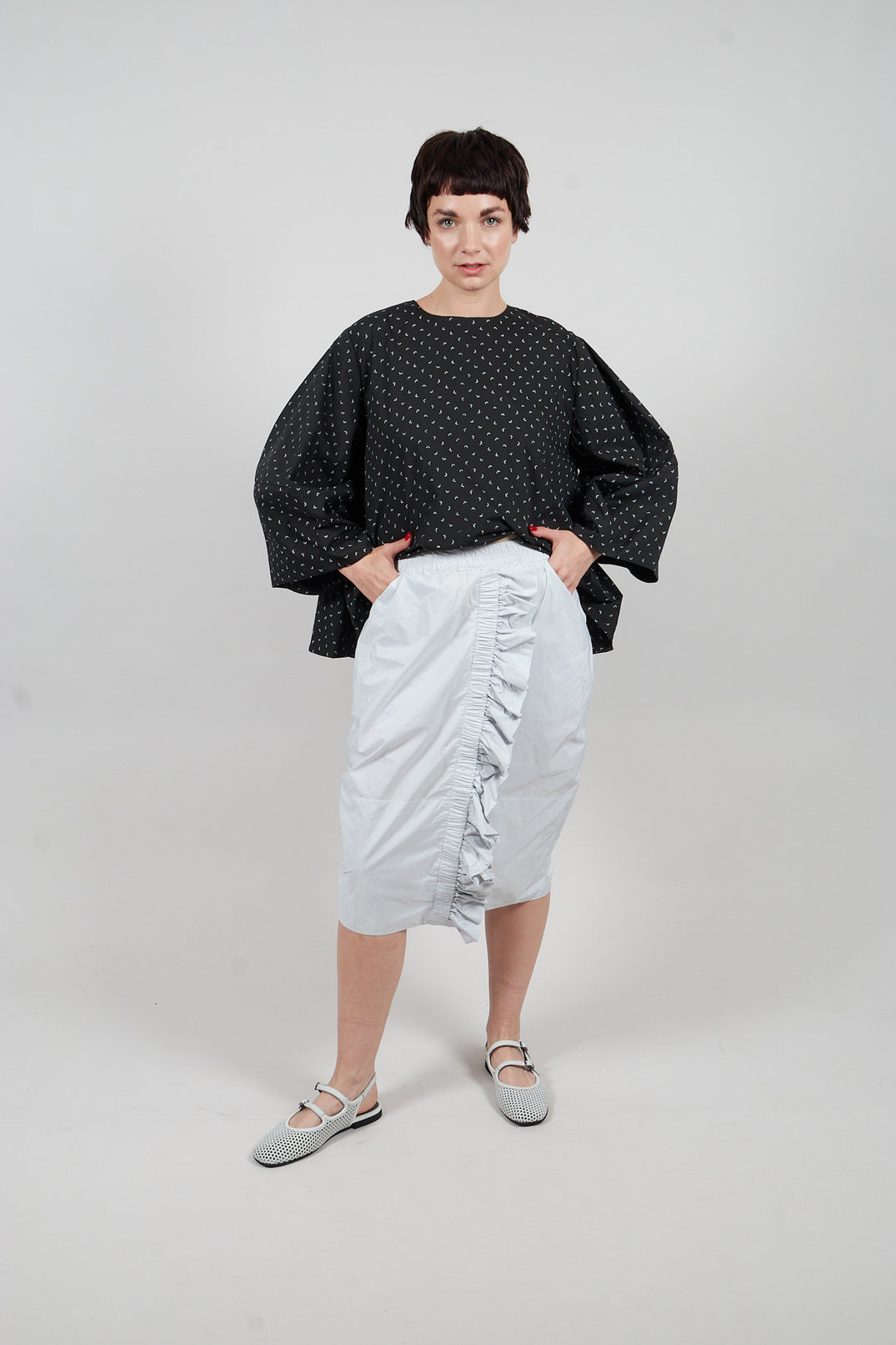Taffeta Skirt with Ruffle Front in Grey Pinstripe
