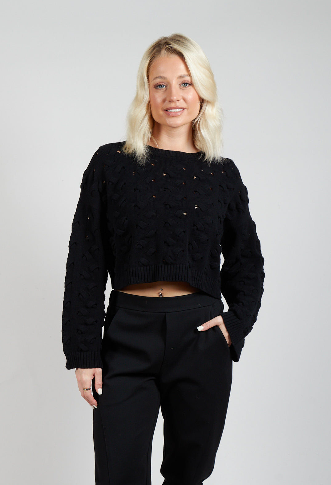 Cable Knit Cropped Sweater in Black