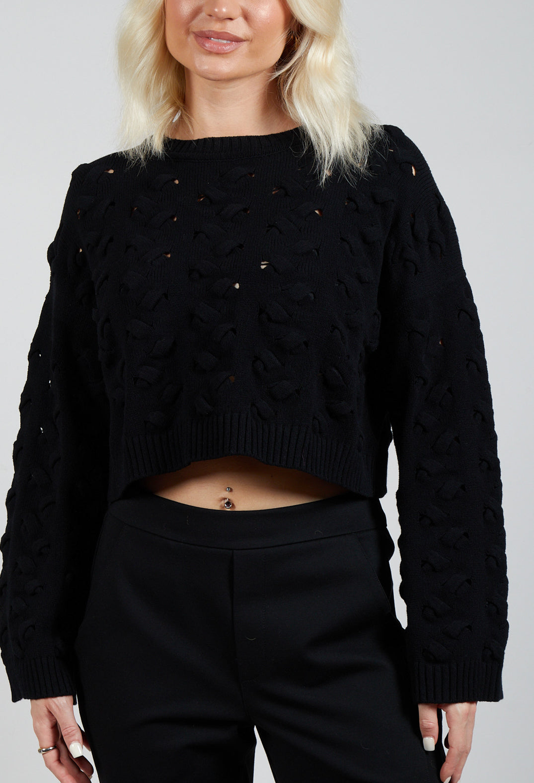 Cable Knit Cropped Sweater in Black