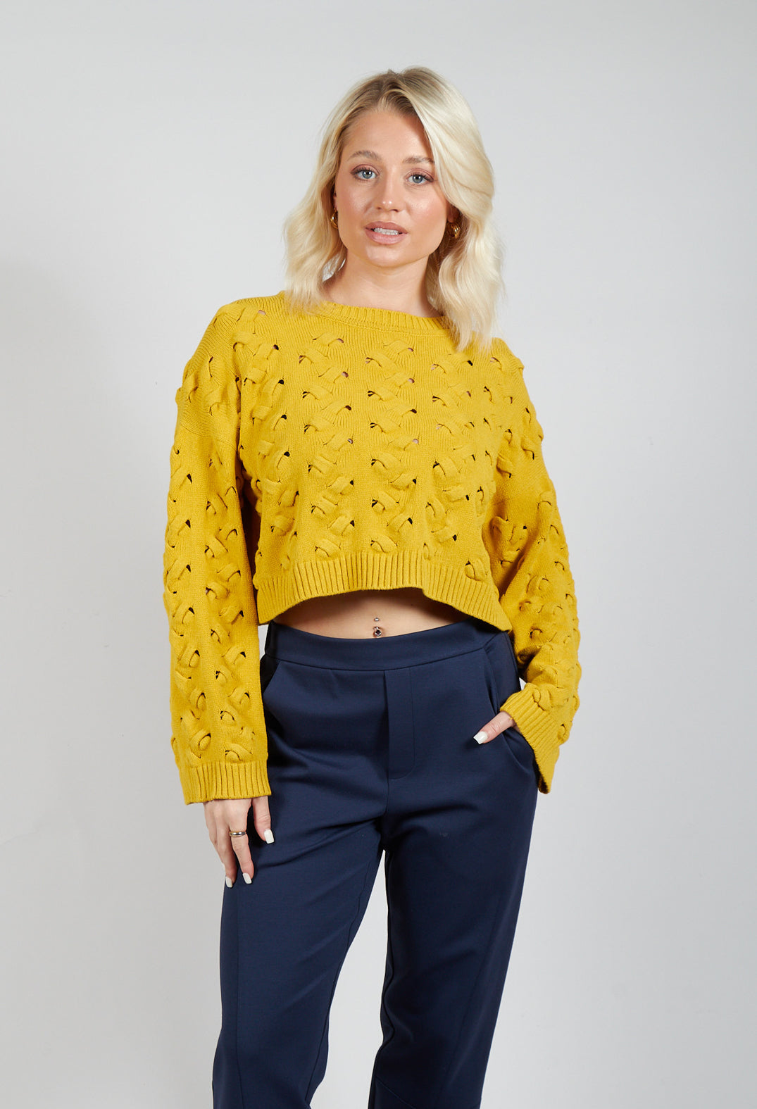 Cable Knit Cropped Sweater in Yellow