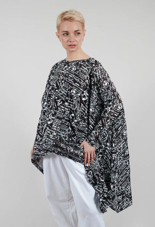 Cape Top with Bottle Embellishment in Black with White Seregraphy