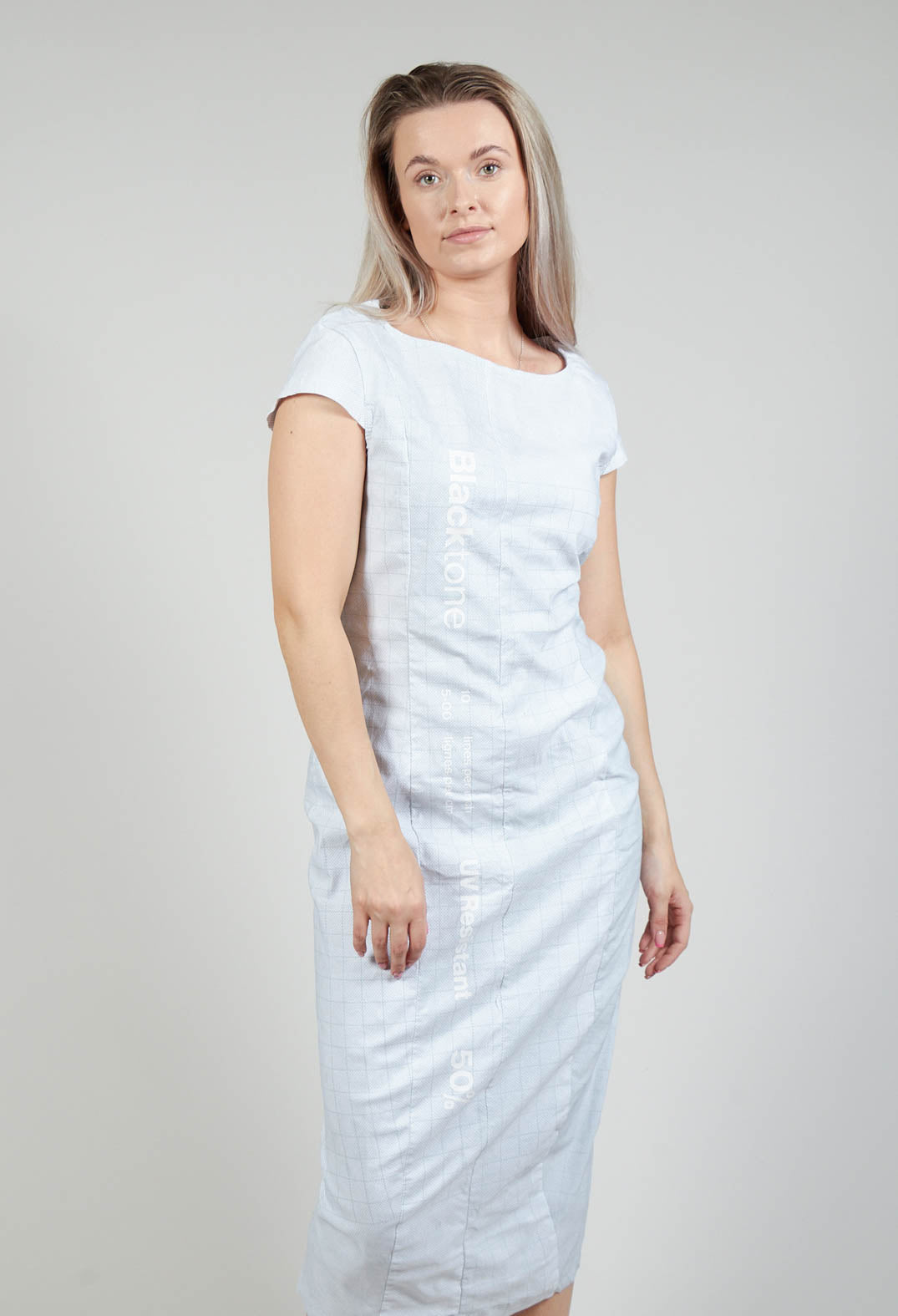 Capped Sleeve Slim Fit Dress in Placed Grey Print