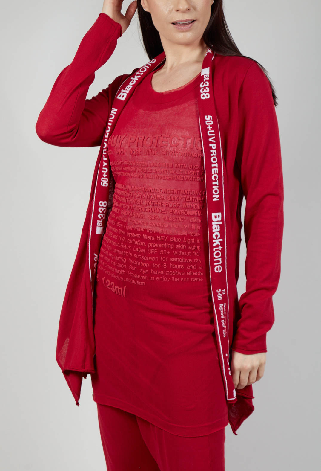 Cardigan with Lettering Detail in Chili Jacquard