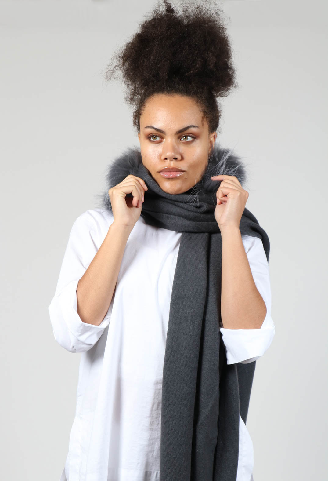 Cashmere Scarf with Fur Trim in Volcanic Rock Grey