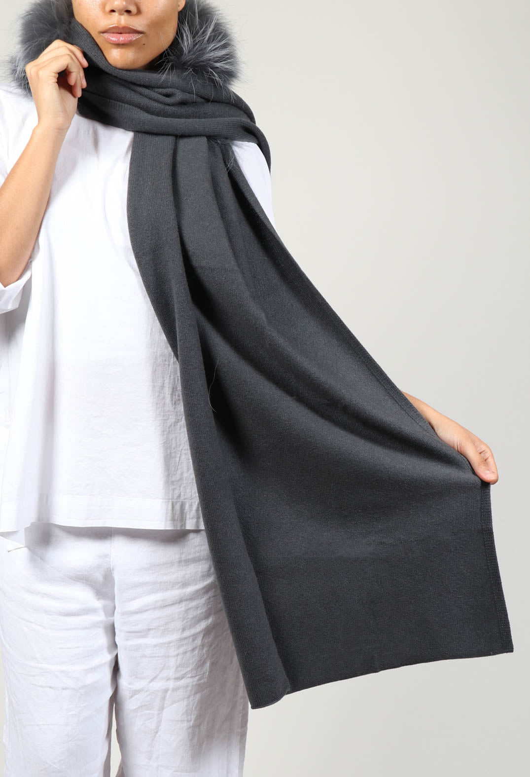 Cashmere Scarf with Fur Trim in Volcanic Rock Grey