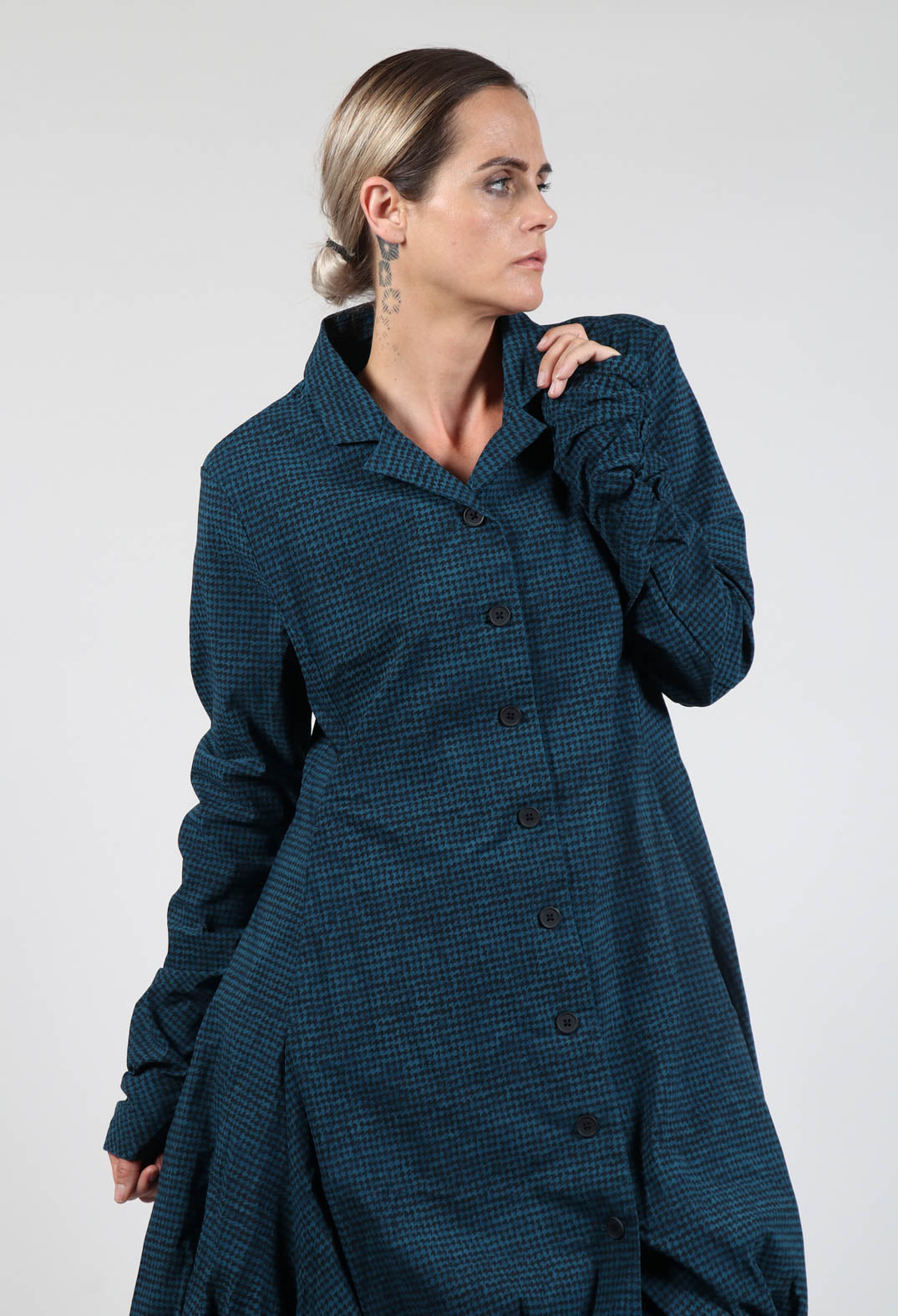 Coat with Gathered Hem in Ink Print
