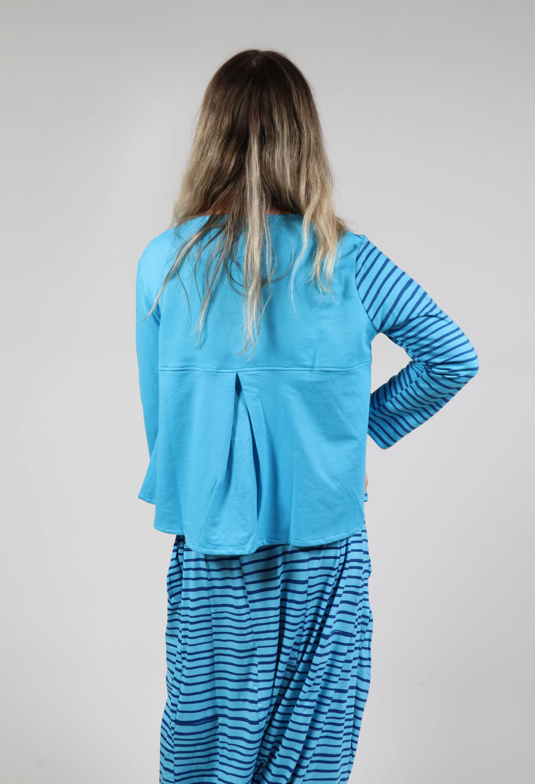 Contrast Sleeve Top in Turquoise with Blue Lines