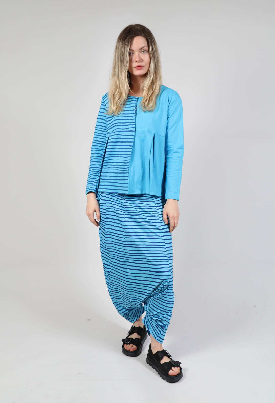 Contrast Sleeve Top in Turquoise with Blue Lines