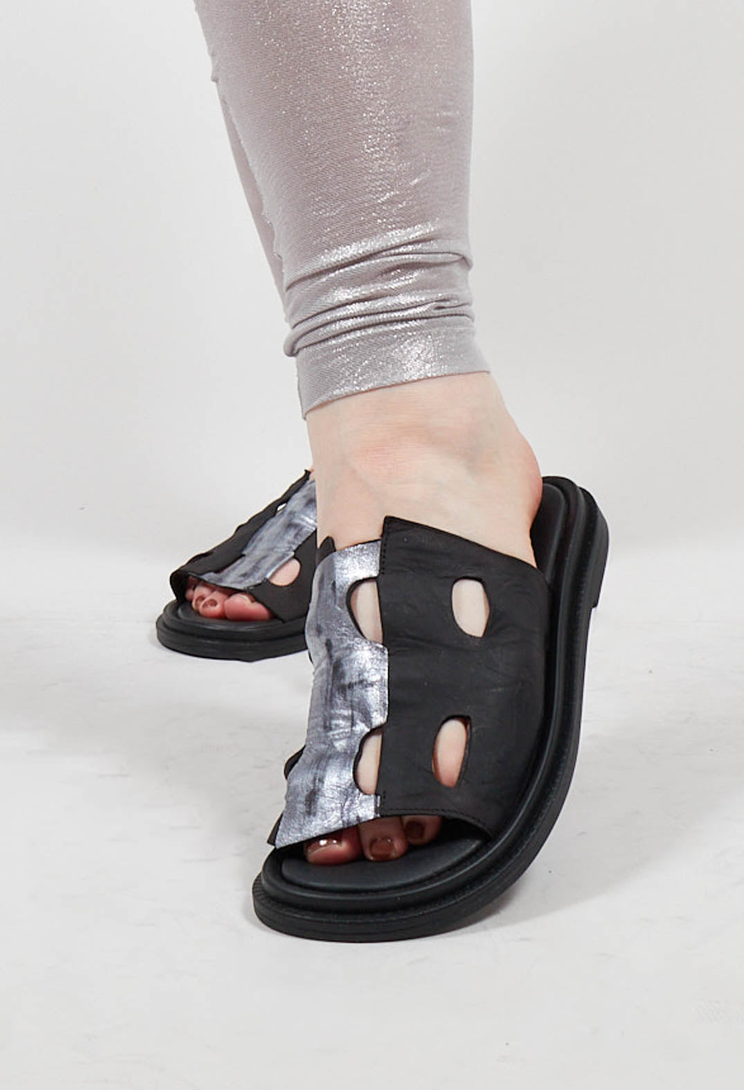 Cora Slip On Sandals in Black Silver