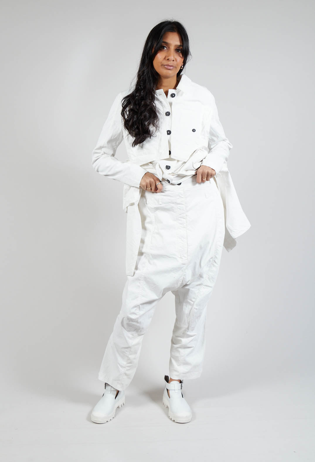 Cotton Drop-Crotch Trousers in Starwhite