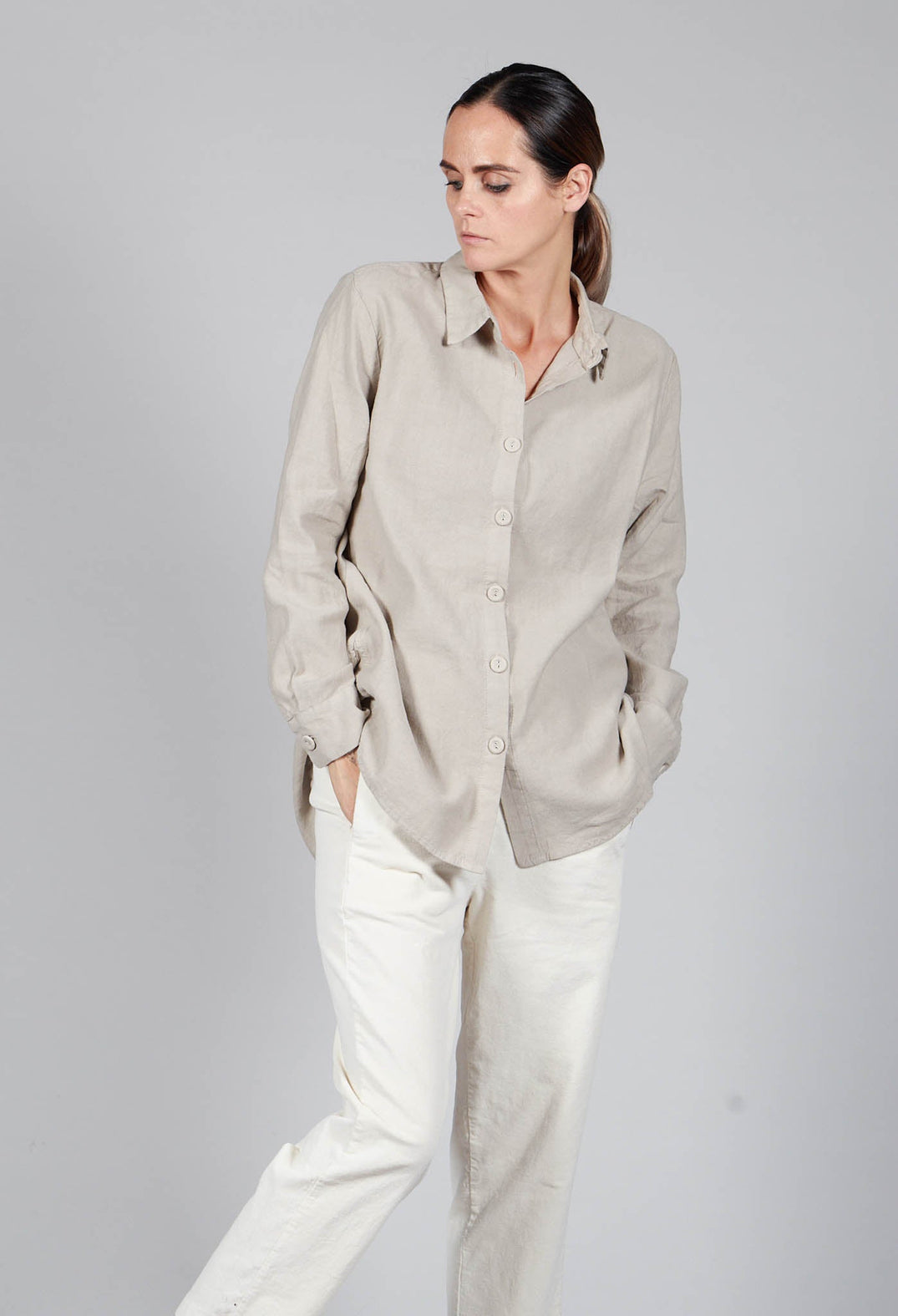Cotton Linen Blend Button Up Shirt in Sand