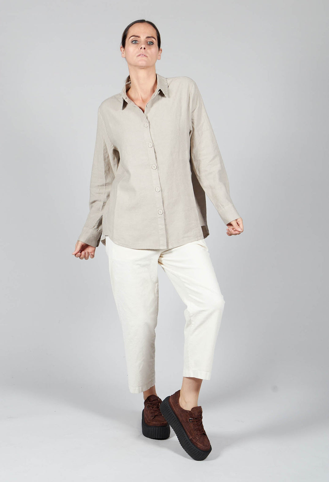 Cotton Linen Blend Button Up Shirt in Sand