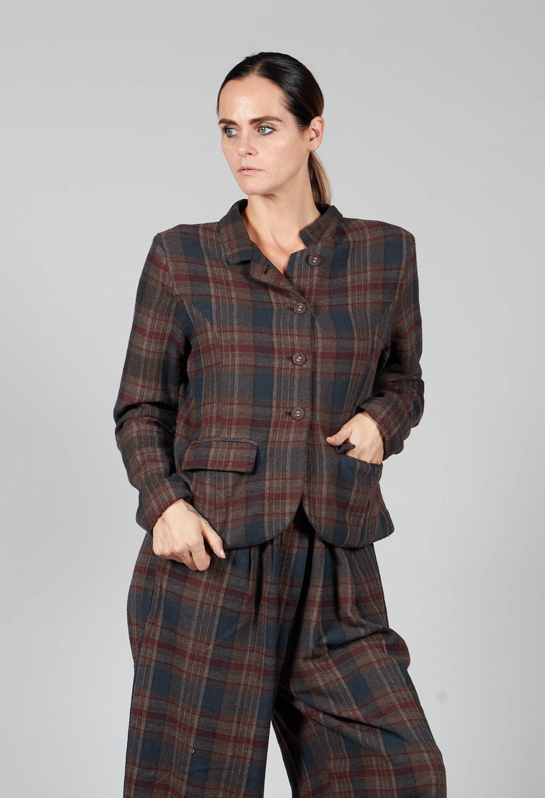 Cotton Plaid Cropped Jacket in Espresso