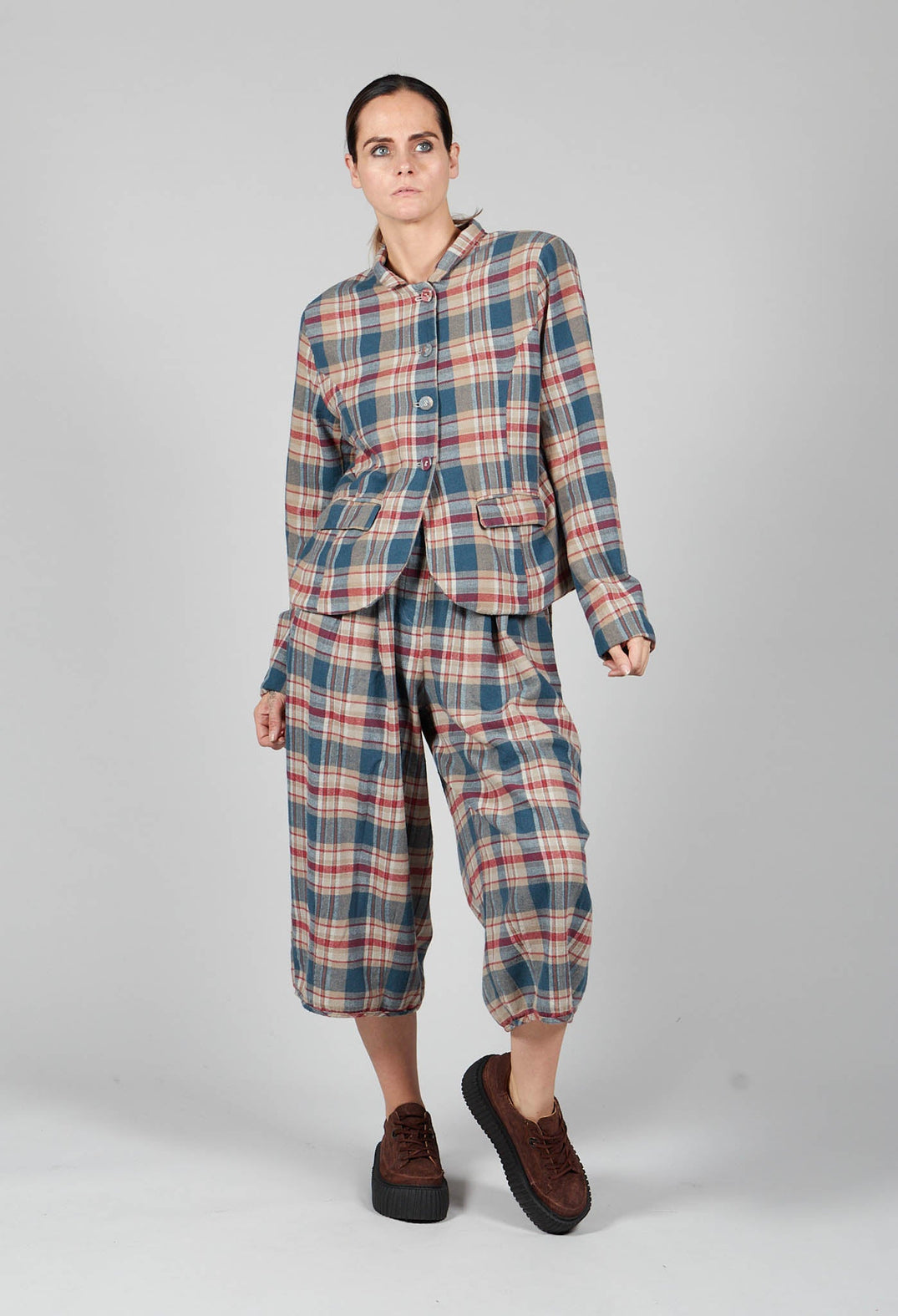 Cotton Plaid Cropped Jacket in Sand
