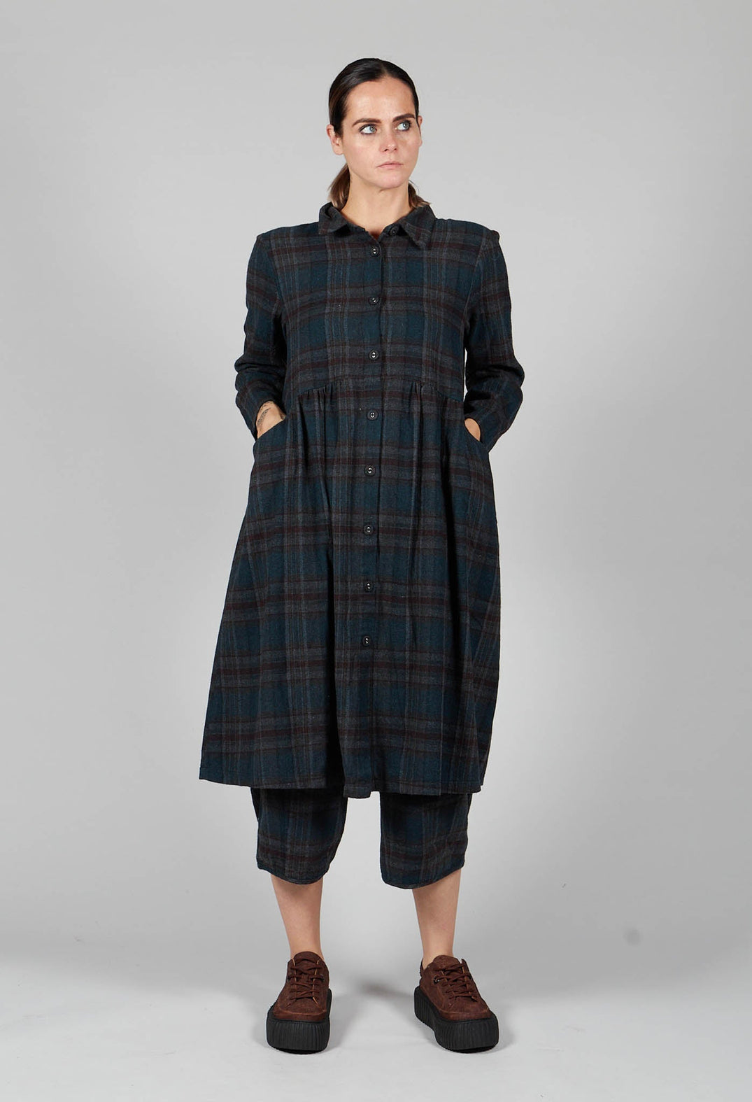 Cotton Plaid Tiered Waist Dress in Black