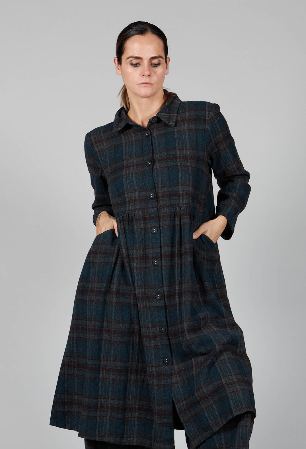 Cotton Plaid Tiered Waist Dress in Black
