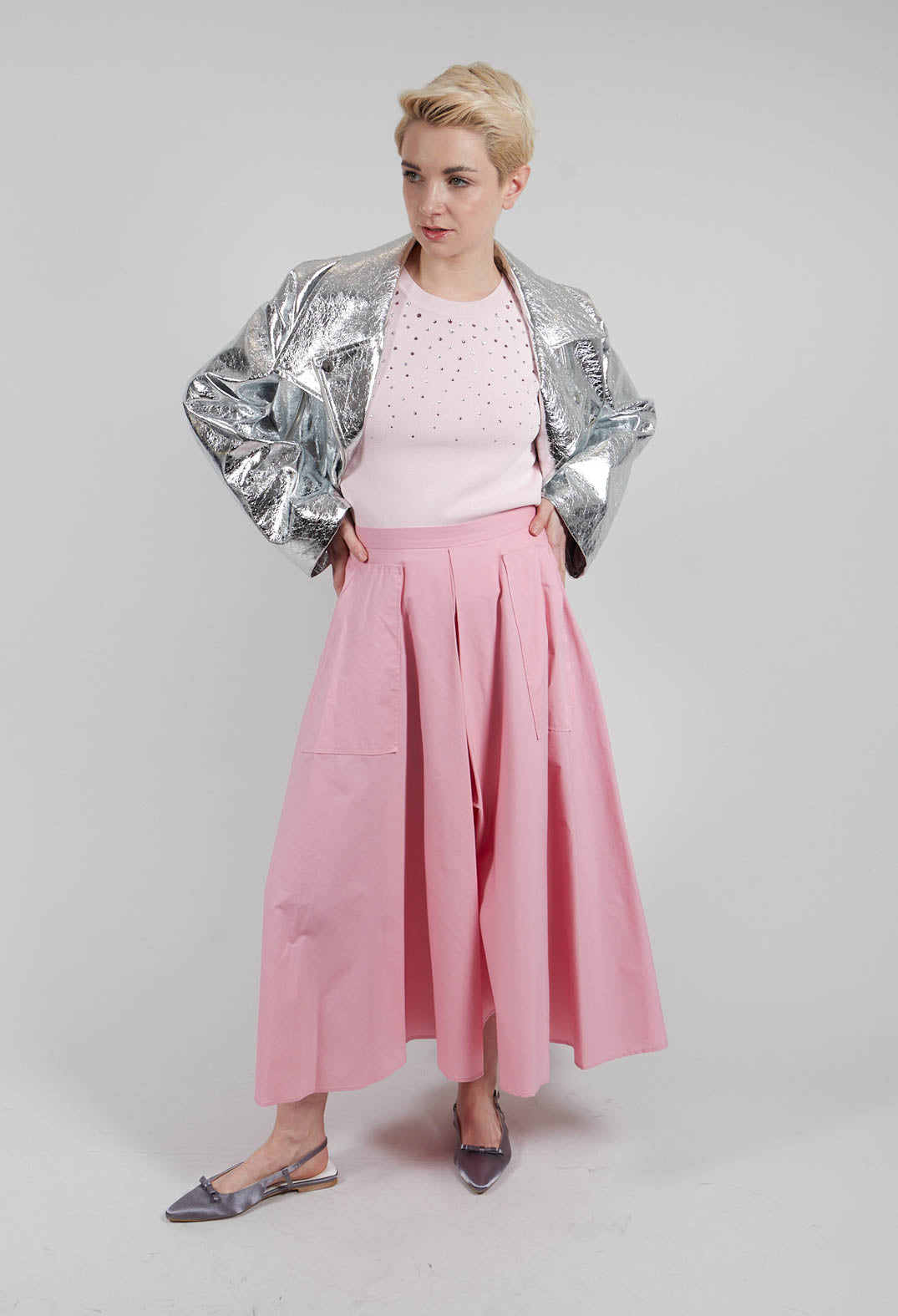 Cotton Poplin Skirt with Patch Pockets in Flamingo