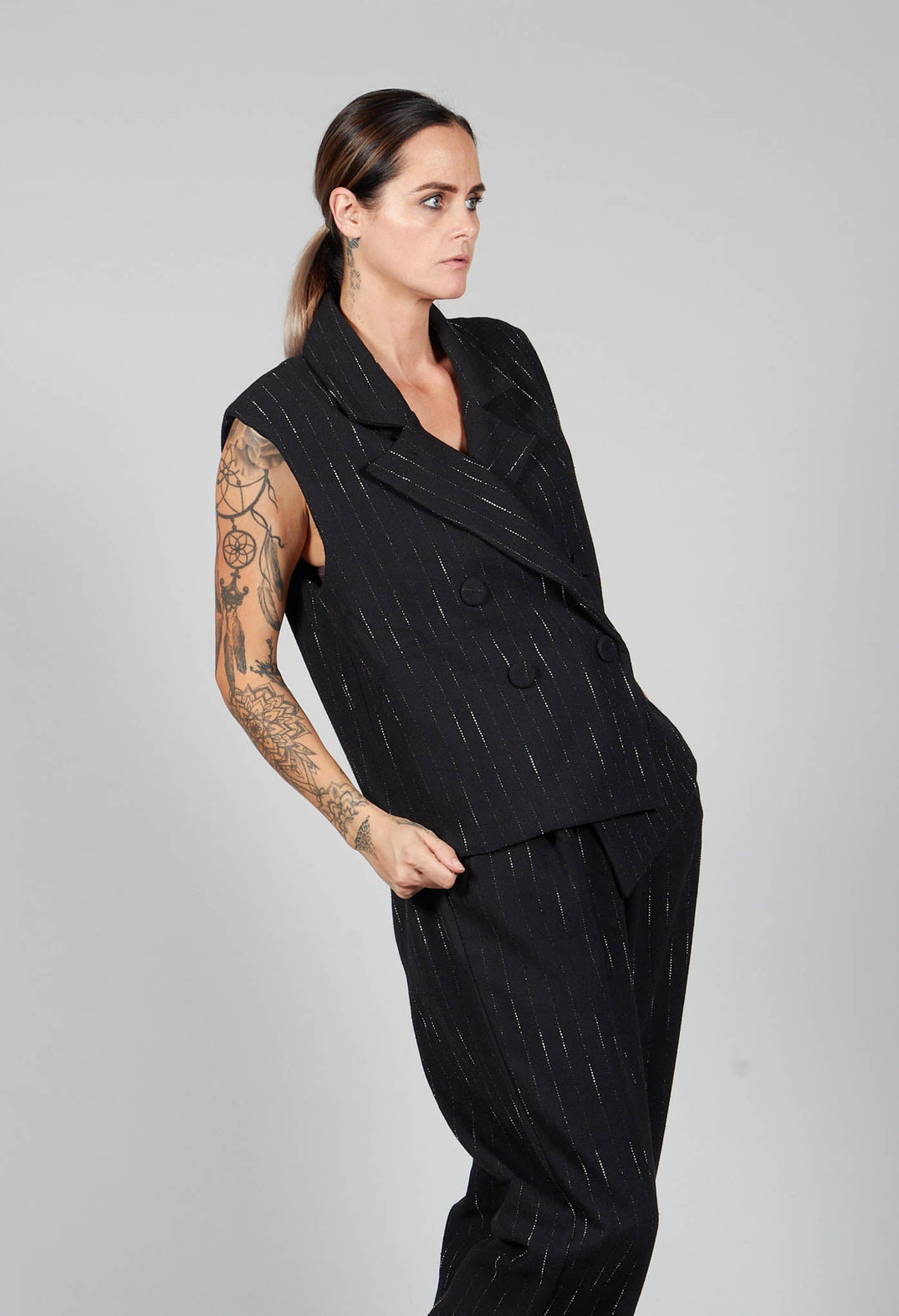 Cotton Striped Blazer Vest in Black