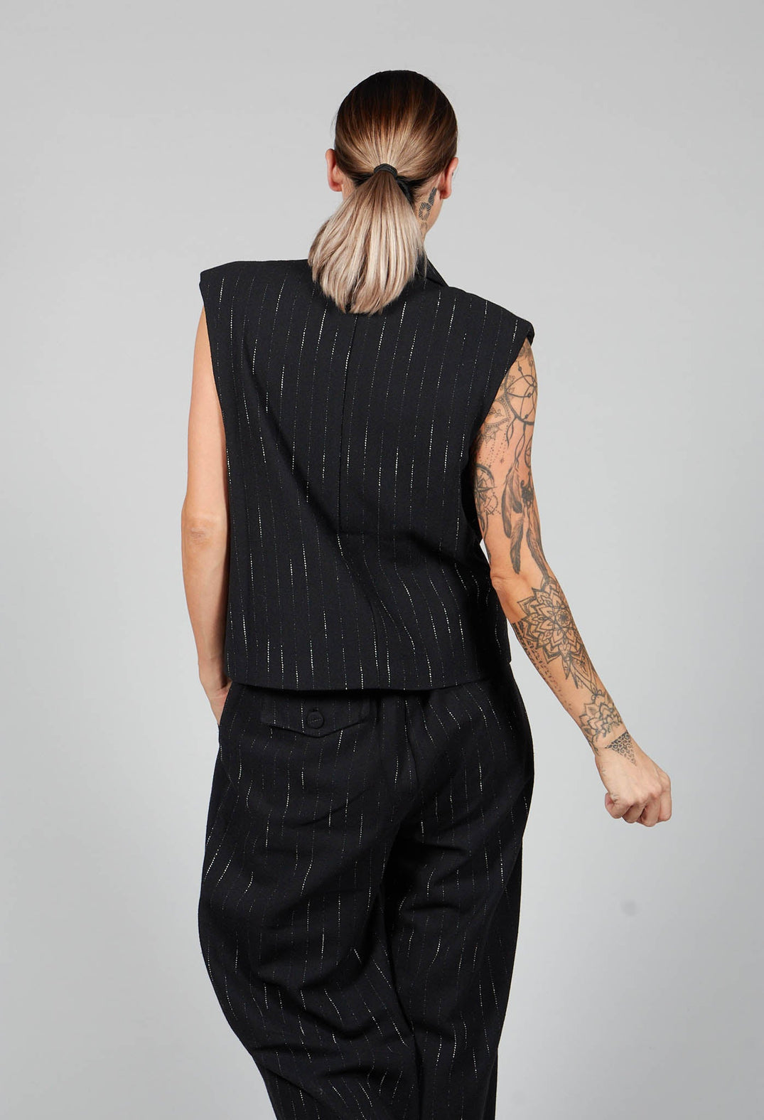 Cotton Striped Blazer Vest in Black