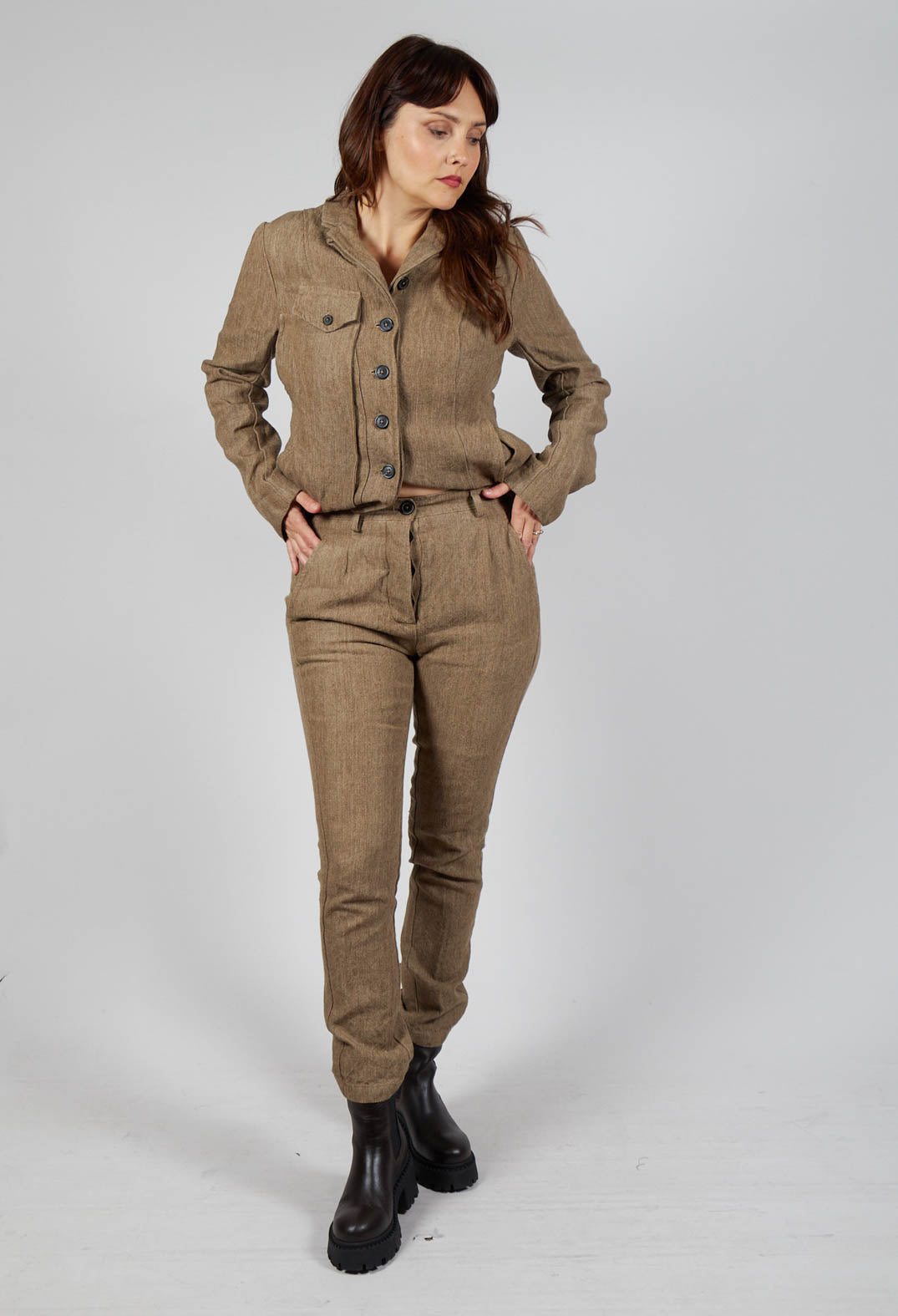 Crinkle Effect Trousers in Camel Mel