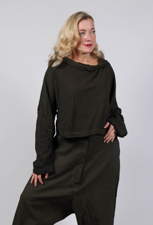 Cropped Black Pullover with Wide Round Neck in Khaki Cloud